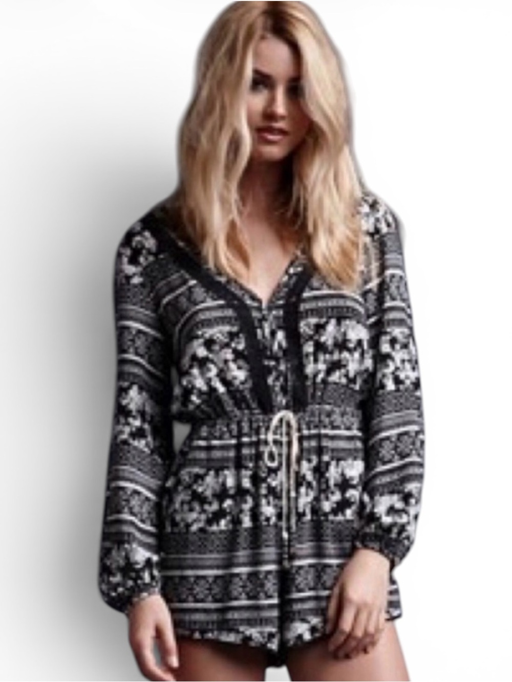House of Harlow 1960 Printed Long-Sleeve Romper
